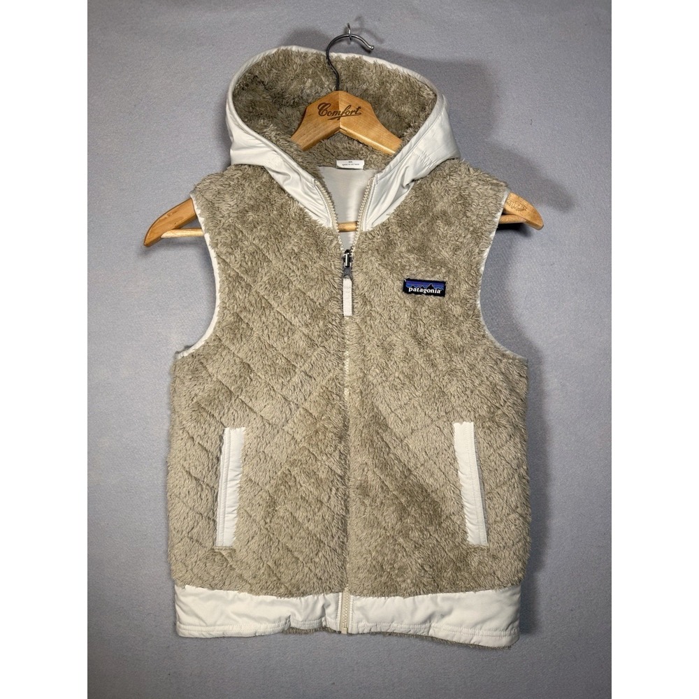 Patagonia Womens XS Los Gatos Hooded Reversible Fleece Vest El Cap Khaki Tan